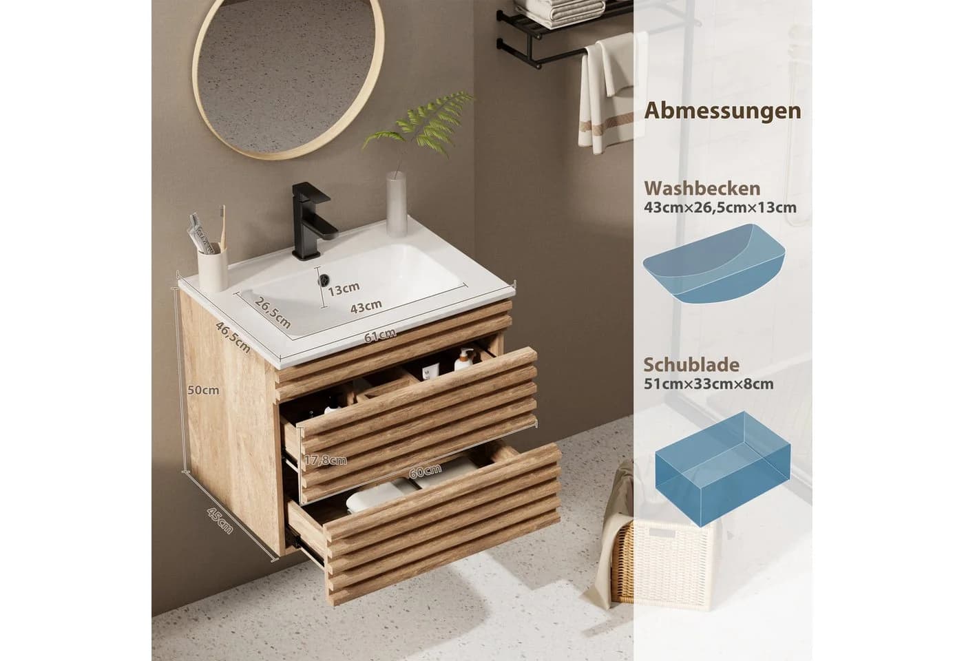 UEV Waschtisch mit Unterschrank Natur 60cm/75cm/90cm - Bild 4