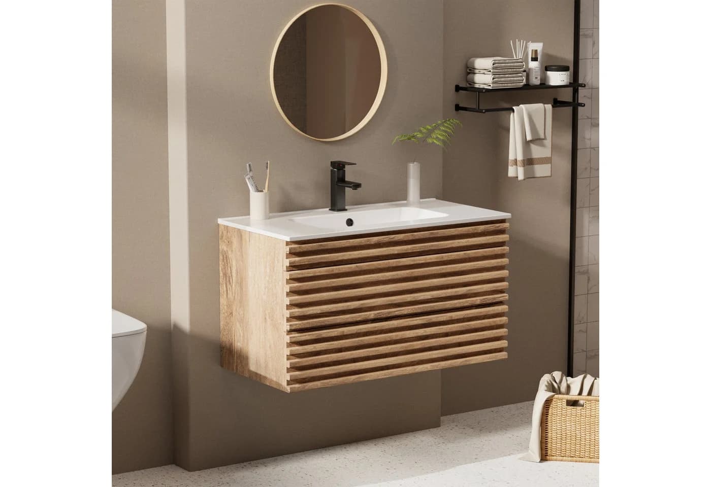 UEV Waschtisch mit Unterschrank Natur hängend mit Wasserhahn