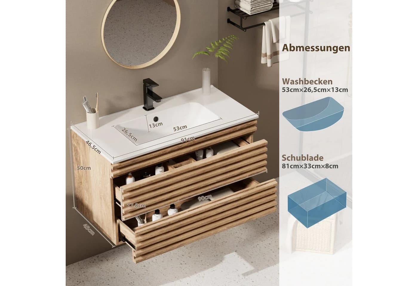 UEV Waschtisch mit Unterschrank Natur hängend mit Wasserhahn - Bild 4
