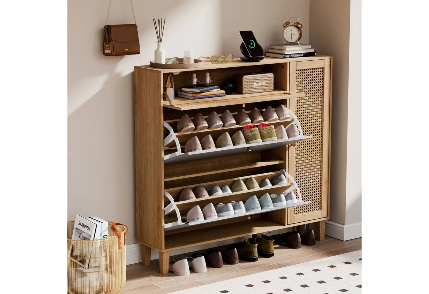 UEV Schuhschrank mit 4 Klappen 107x24x105cm, Schuhkipper schmal ratten platzsparend - Bild 3