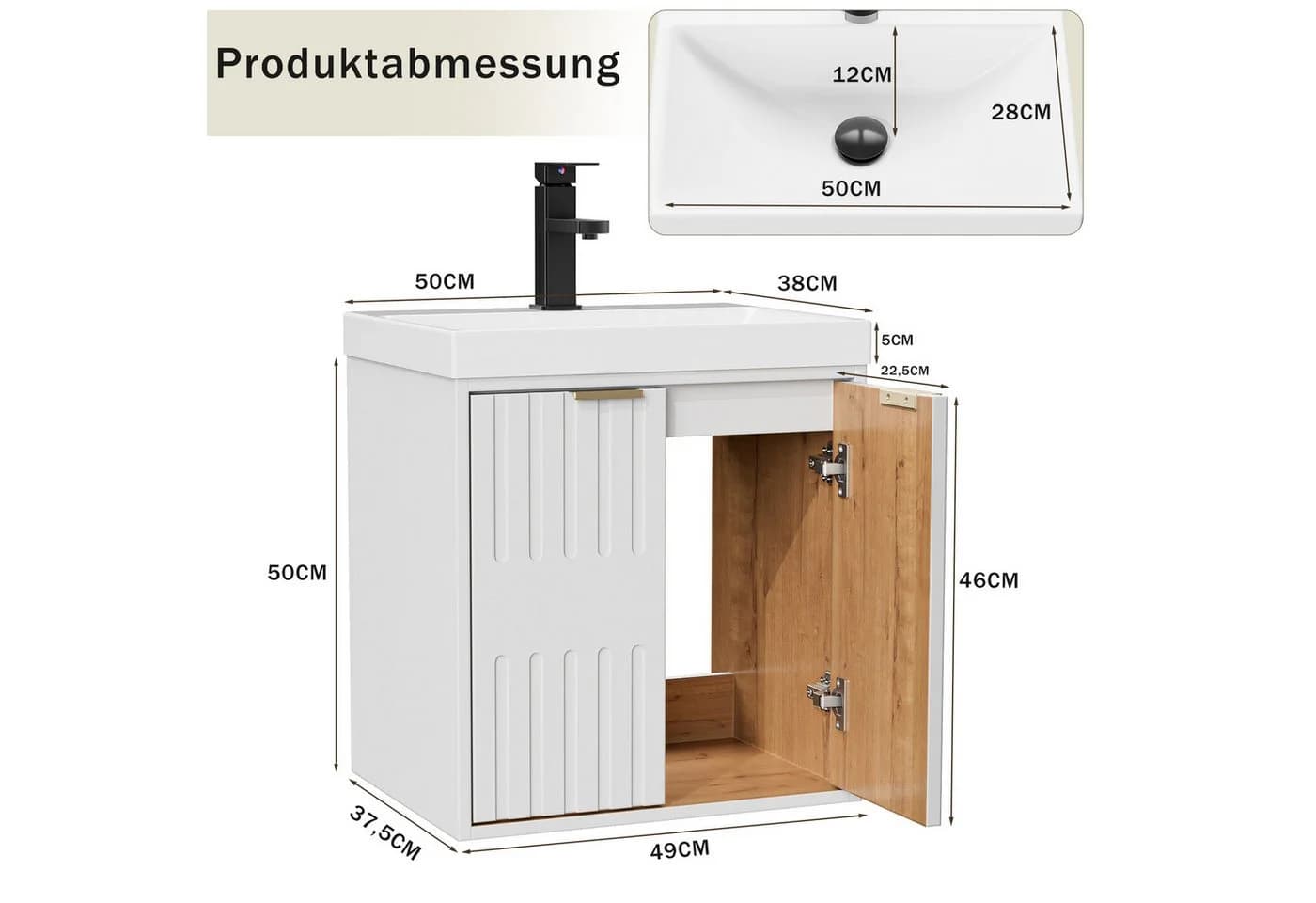 UEV Waschtisch klein Waschbecken mit Unterschrank Set Badmöbel Gäste-WC hängend 49cm - Bild 4