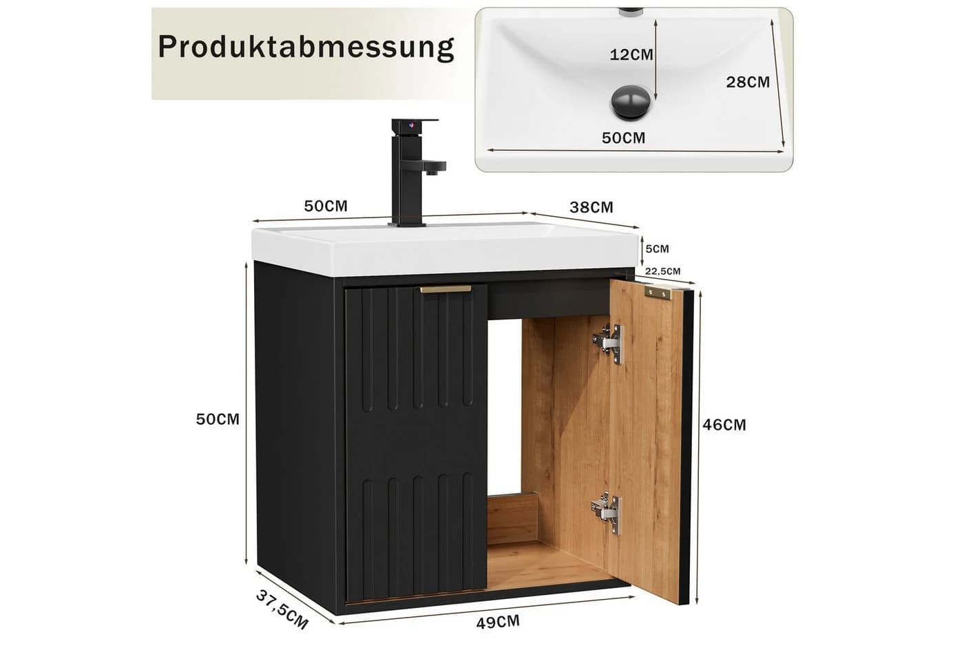 UEV Waschtisch klein 49cm mit Unterschrank, Wasserhahn & Harzbecken, Schwarz - Bild 4