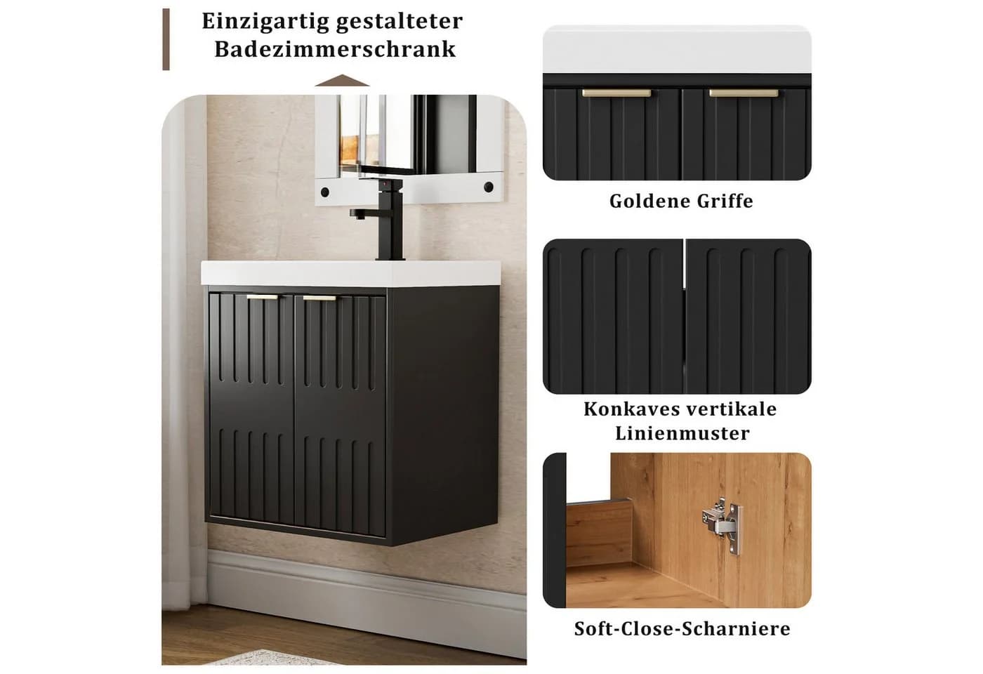 UEV Waschtisch klein 49cm mit Unterschrank, Wasserhahn & Harzbecken, Schwarz - Bild 5