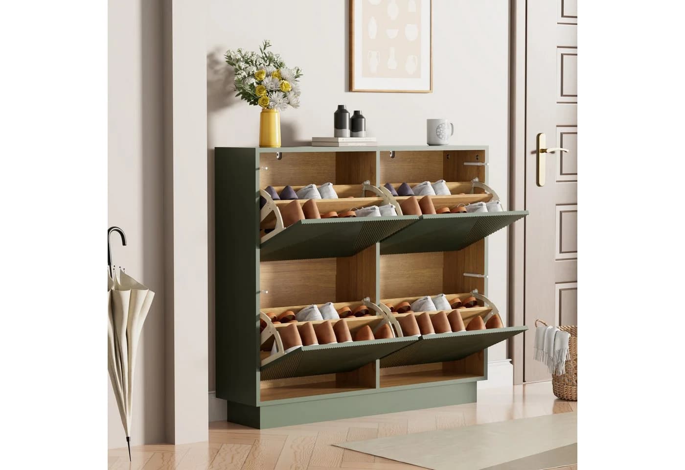 UEV Schuhschrank mit 4 Klappen Moka/Grün Push-to-open - Bild 3