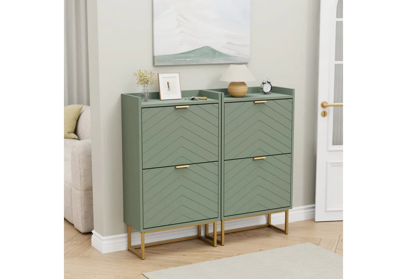 UEV Schuhschrank 2 Klappen Grün Metallfüße Modern - Bild 4