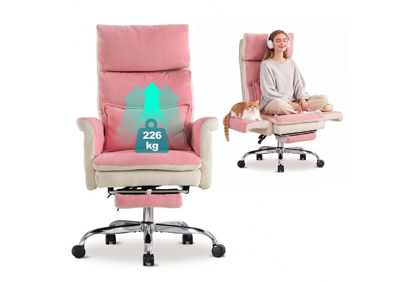 UEV Bürostuhl Ergonomisch mit Fußstütze & Verstellbarer Kopfstütze Rosa - Bild 2