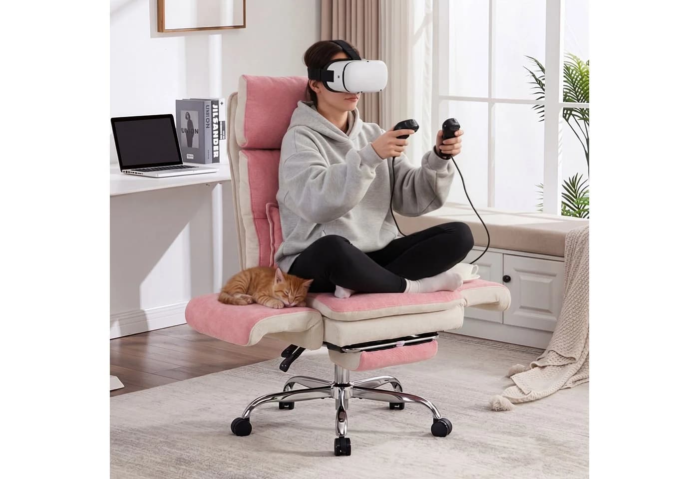 UEV Bürostuhl Ergonomisch mit Fußstütze & Verstellbarer Kopfstütze Rosa - Bild 4