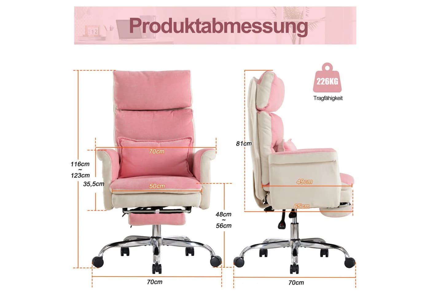 UEV Bürostuhl Ergonomisch mit Fußstütze & Verstellbarer Kopfstütze Rosa - Bild 5