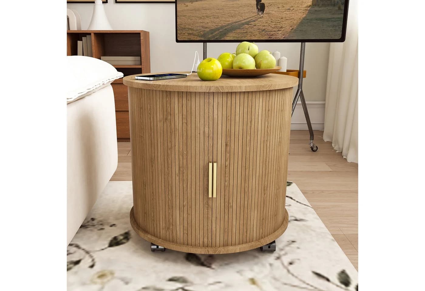KLAM HOME Nachttisch Zylindrisch Mid-Century mit USB-Anschluss und Schiebetür - Bild 2