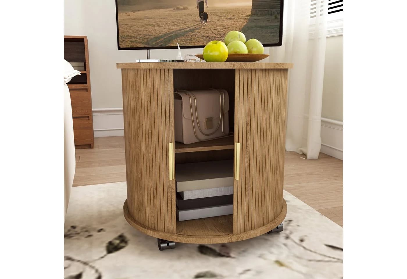 KLAM HOME Nachttisch Zylindrisch Mid-Century mit USB-Anschluss und Schiebetür - Bild 4