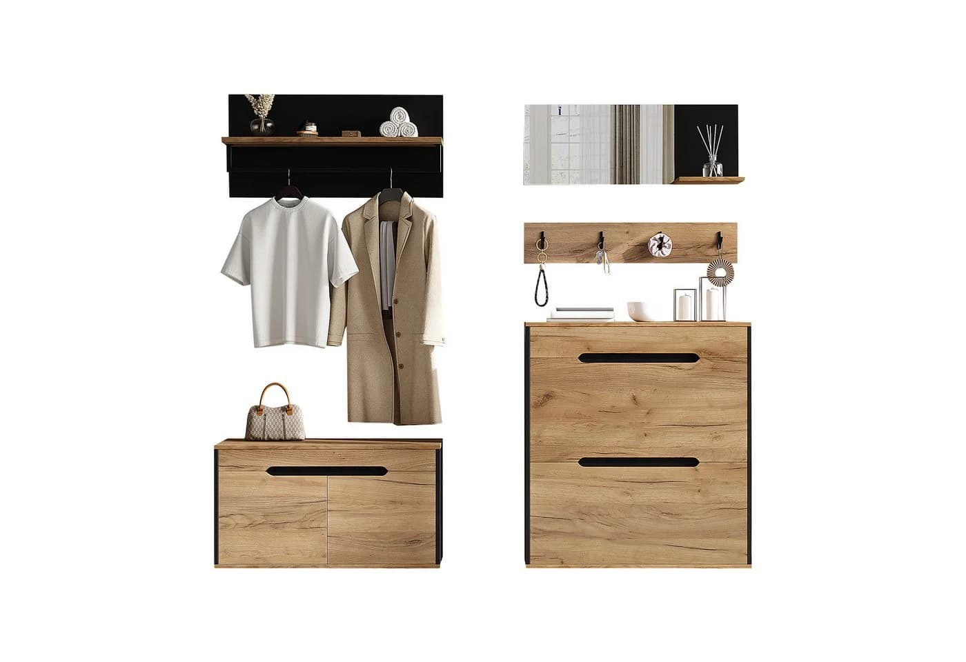 KLAM HOME Modulares Garderoben-Set Schwarz-Holzoptik mit Spiegel & Schuhbank