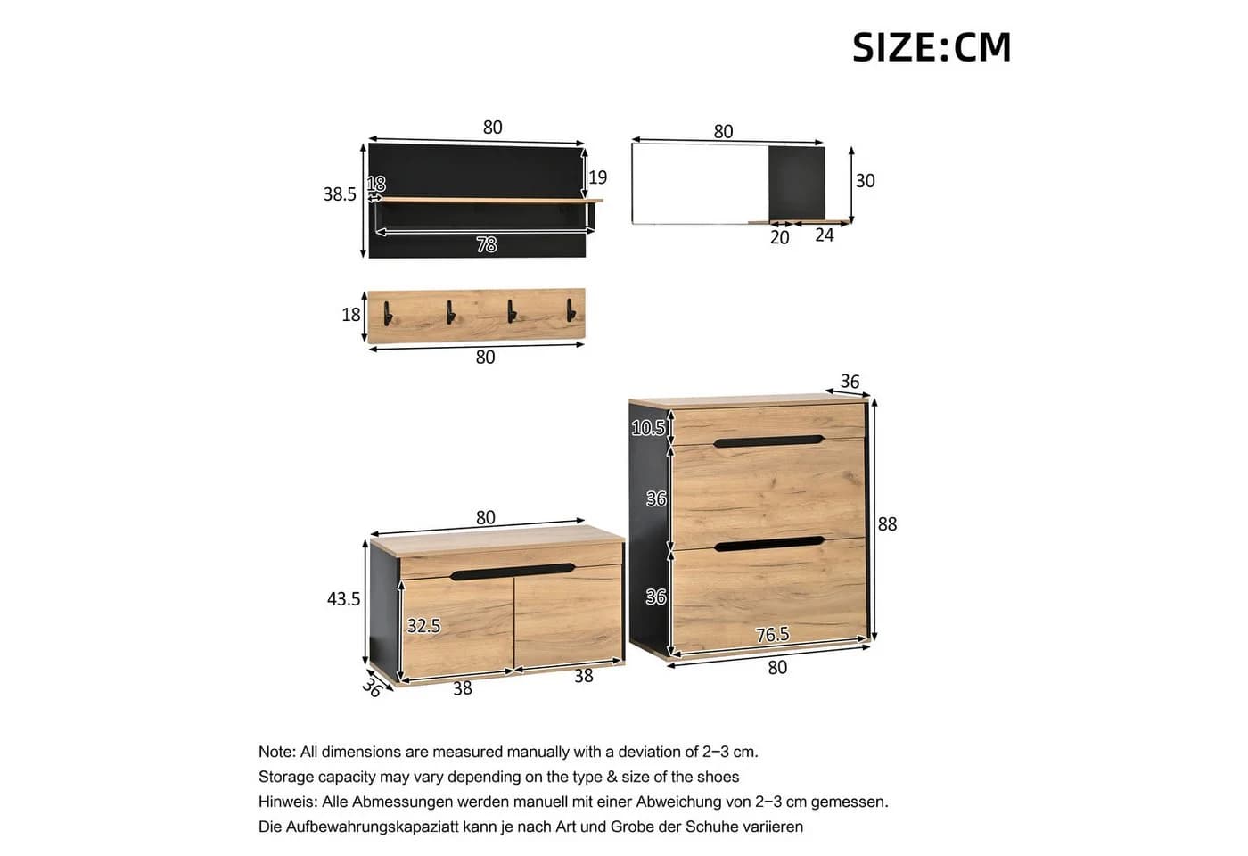 KLAM HOME Modulares Garderoben-Set Schwarz-Holzoptik mit Spiegel & Schuhbank - Bild 3