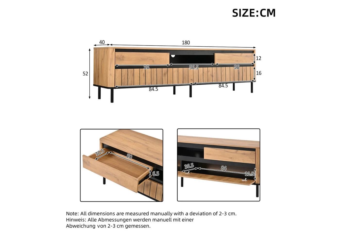 KLAM HOME TV-Lowboard 180cm Natur/Schwarz mit Schubladen & Türen - Bild 3