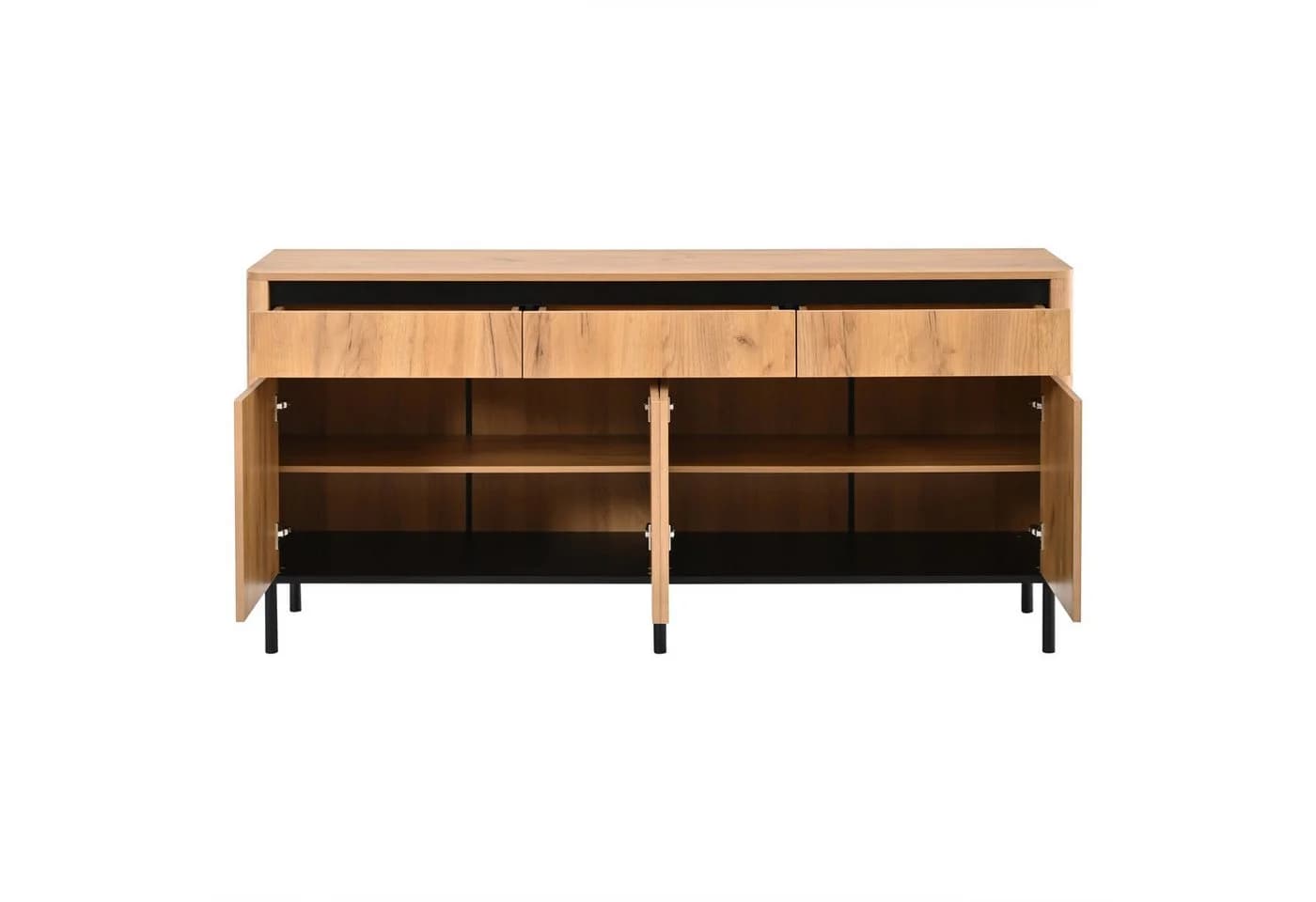 KLAM HOME Sideboard Eichenoptik mit 3 Schubladen und Lamellentüren