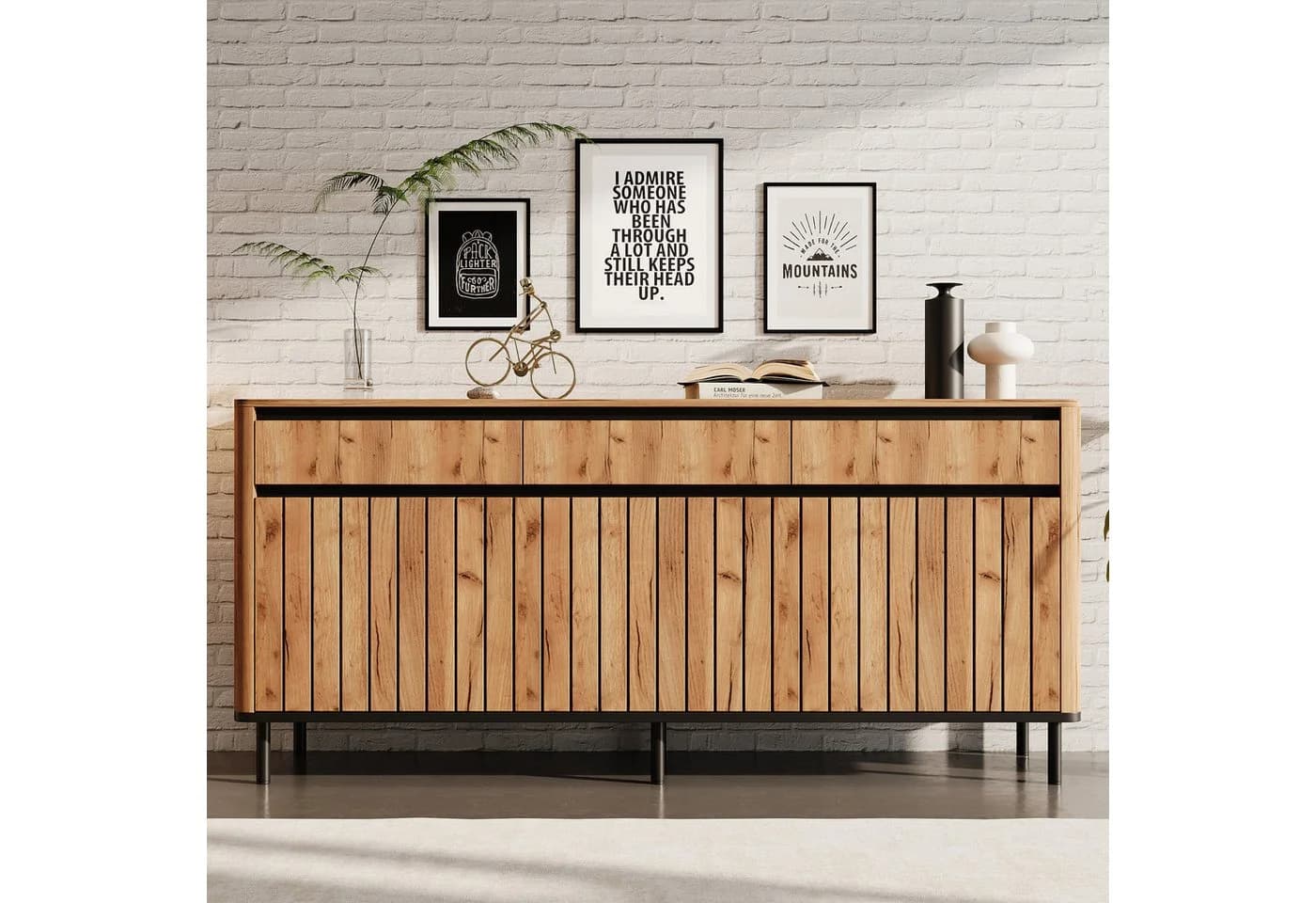KLAM HOME Sideboard Eichenoptik mit 3 Schubladen und Lamellentüren - Bild 2