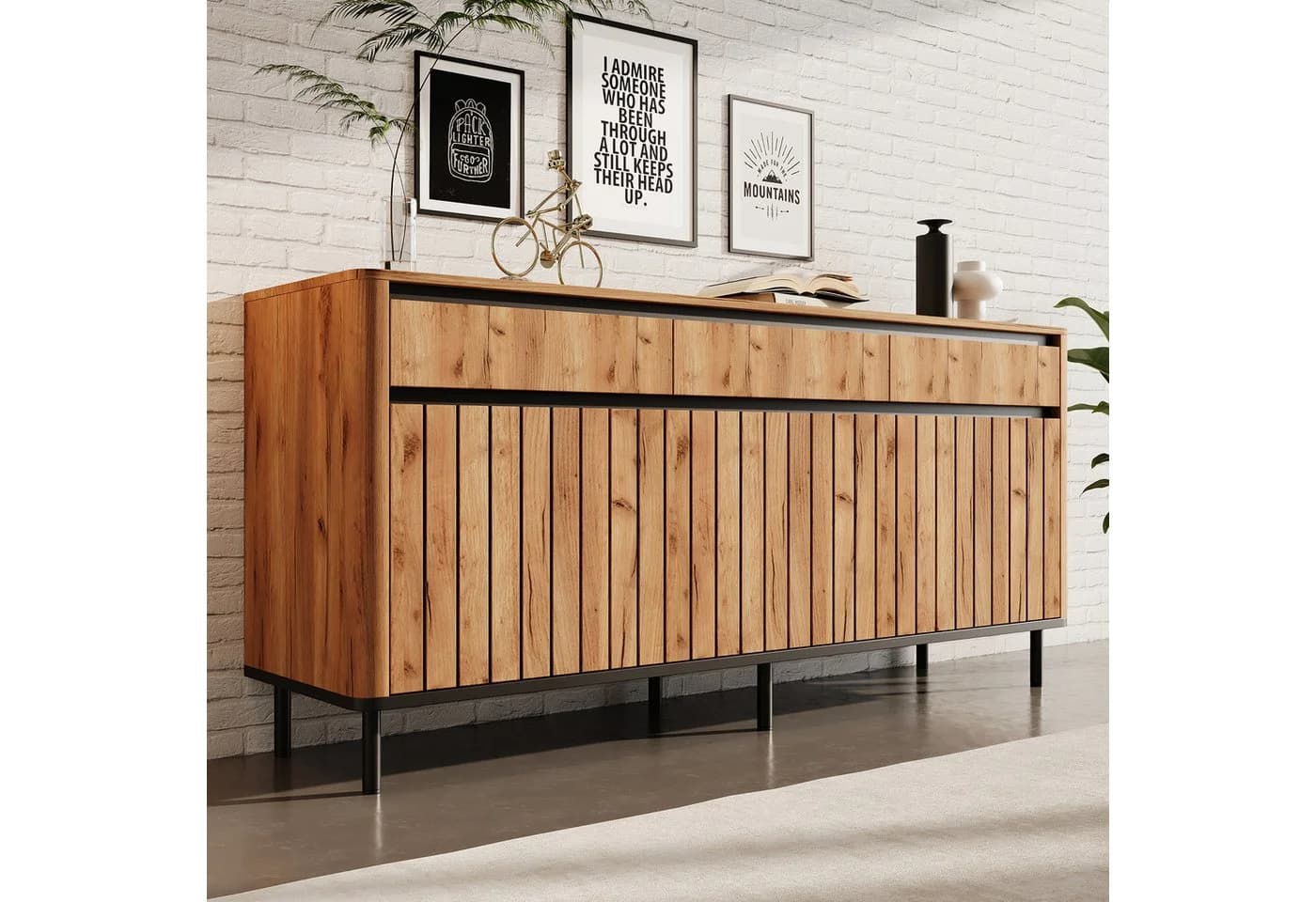 KLAM HOME Sideboard Eichenoptik mit 3 Schubladen und Lamellentüren - Bild 4
