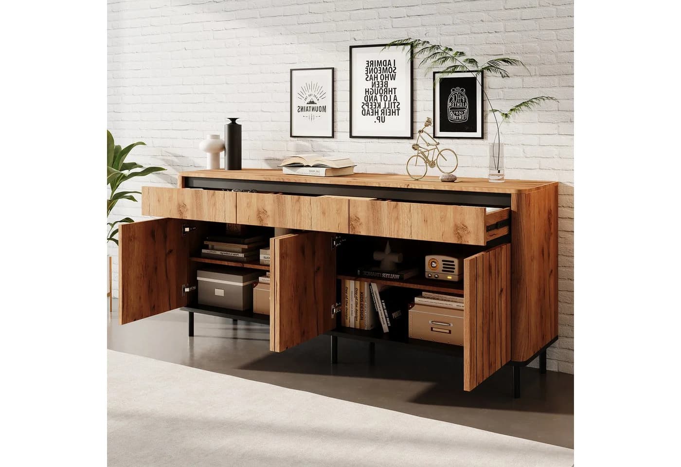 KLAM HOME Sideboard Eichenoptik mit 3 Schubladen und Lamellentüren - Bild 5