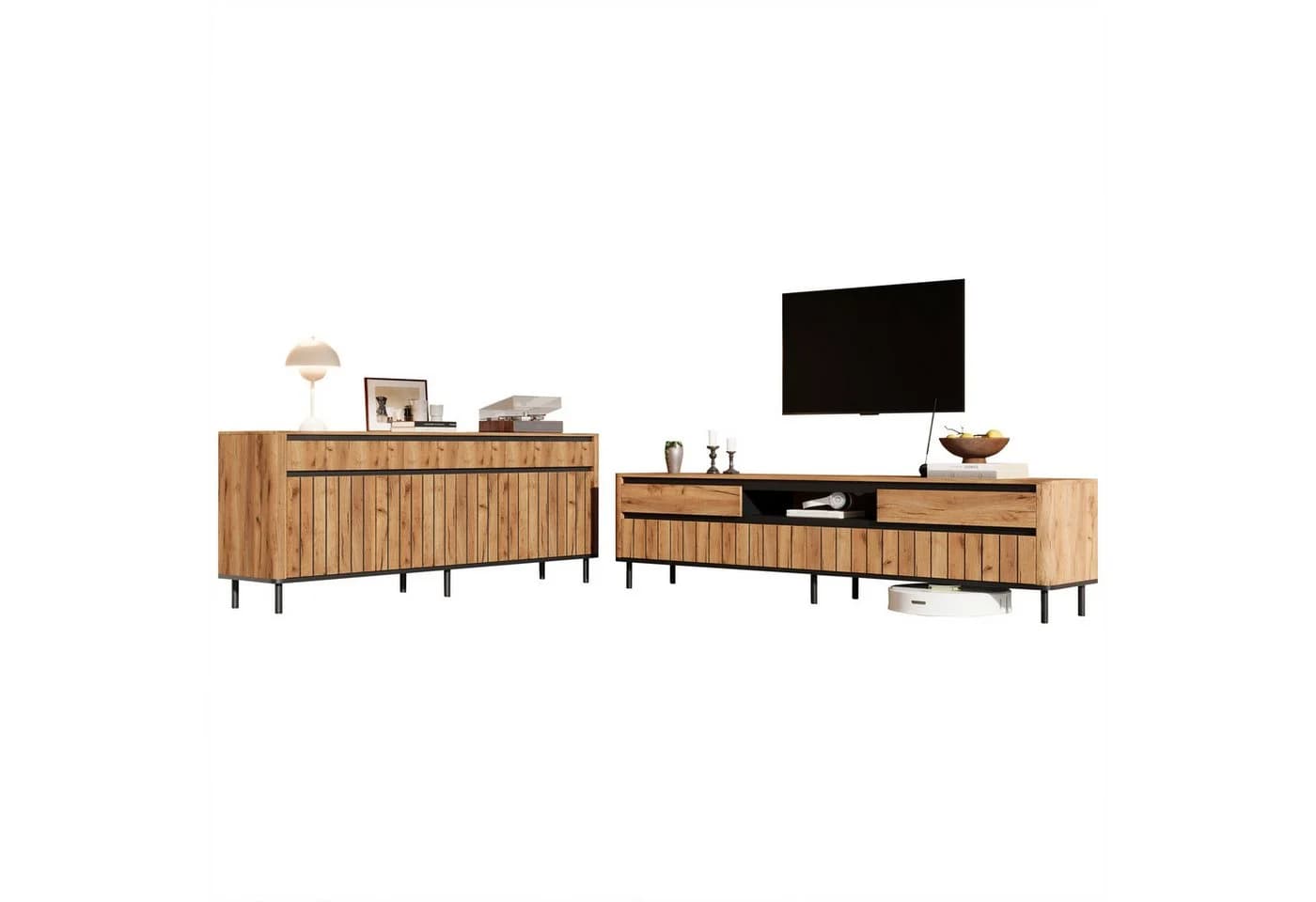 KLAM HOME Wohnwand Set Sideboard + TV-Schrank Eichenoptik Schwarz