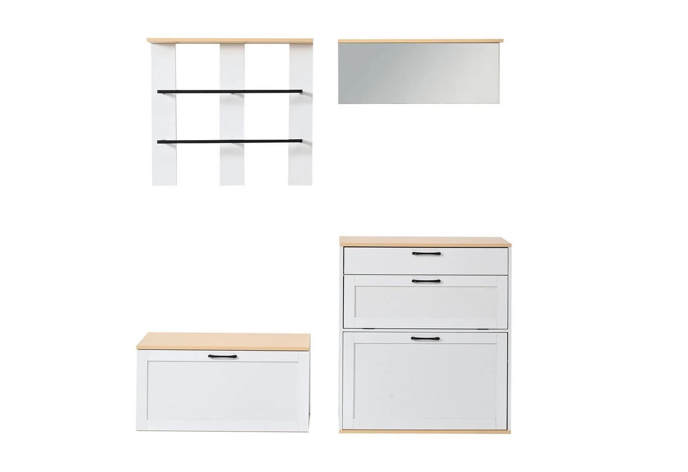 KLAM HOME Modulares Garderoben-Set Weiß-Holz mit Spiegel und Schuhbank