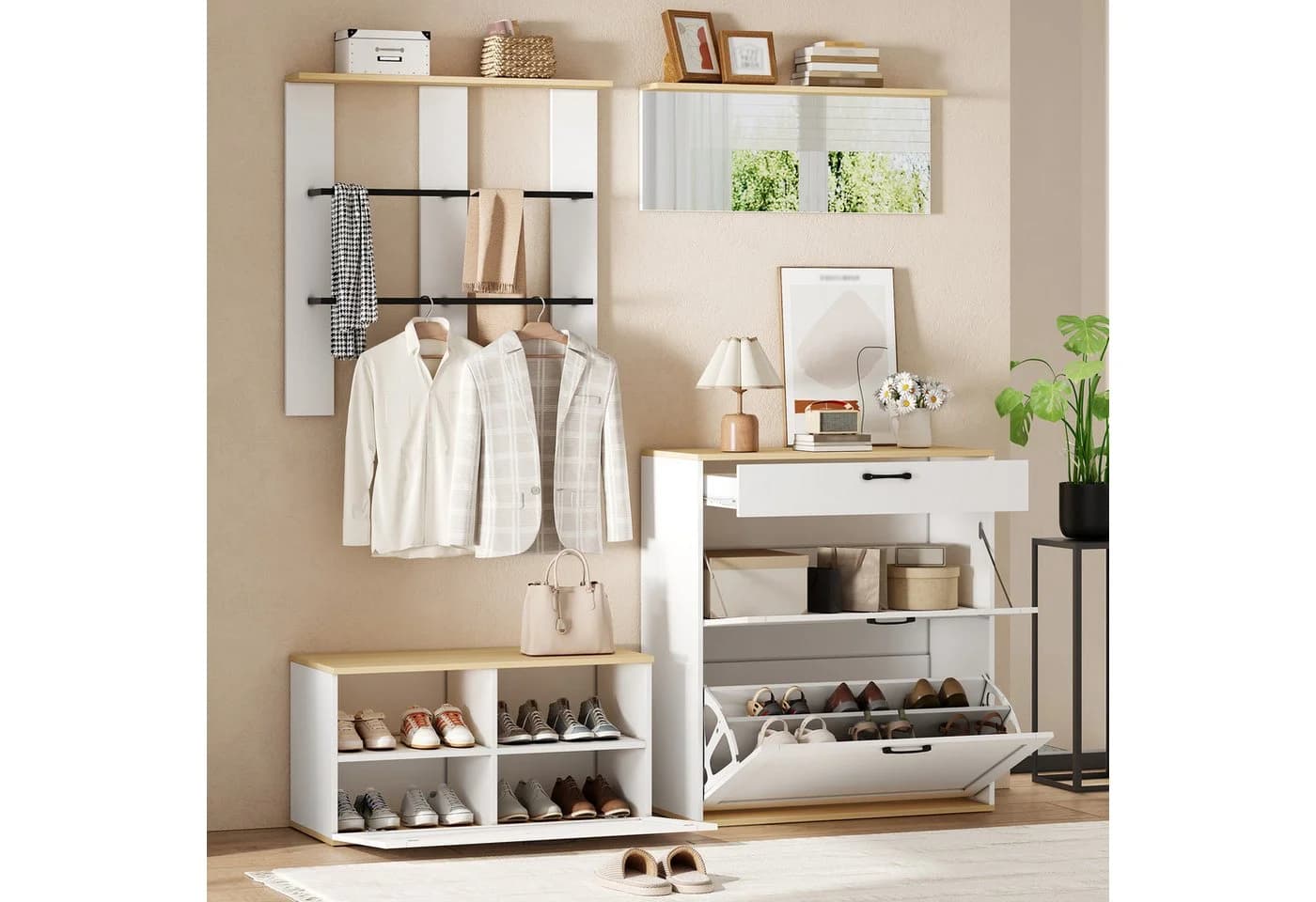 KLAM HOME Modulares Garderoben-Set Weiß-Holz mit Spiegel und Schuhbank - Bild 2