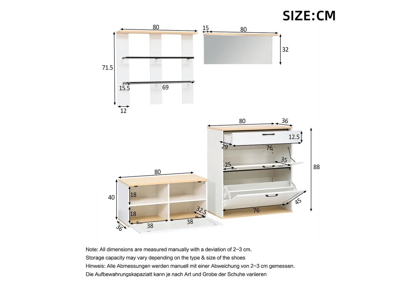 KLAM HOME Modulares Garderoben-Set Weiß-Holz mit Spiegel und Schuhbank - Bild 3