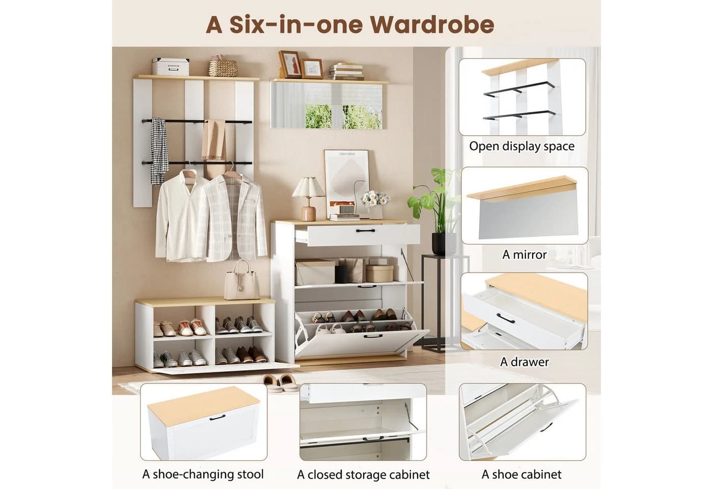 KLAM HOME Modulares Garderoben-Set Weiß-Holz mit Spiegel und Schuhbank - Bild 5