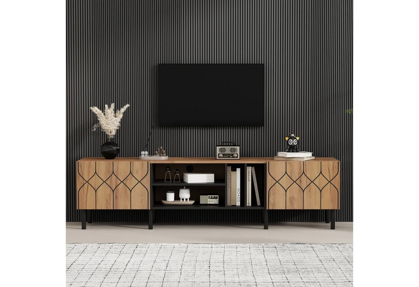 KLAM HOME Lowboard TV-Schrank 180cm Naturholz Schwarz Modern - Bild 2