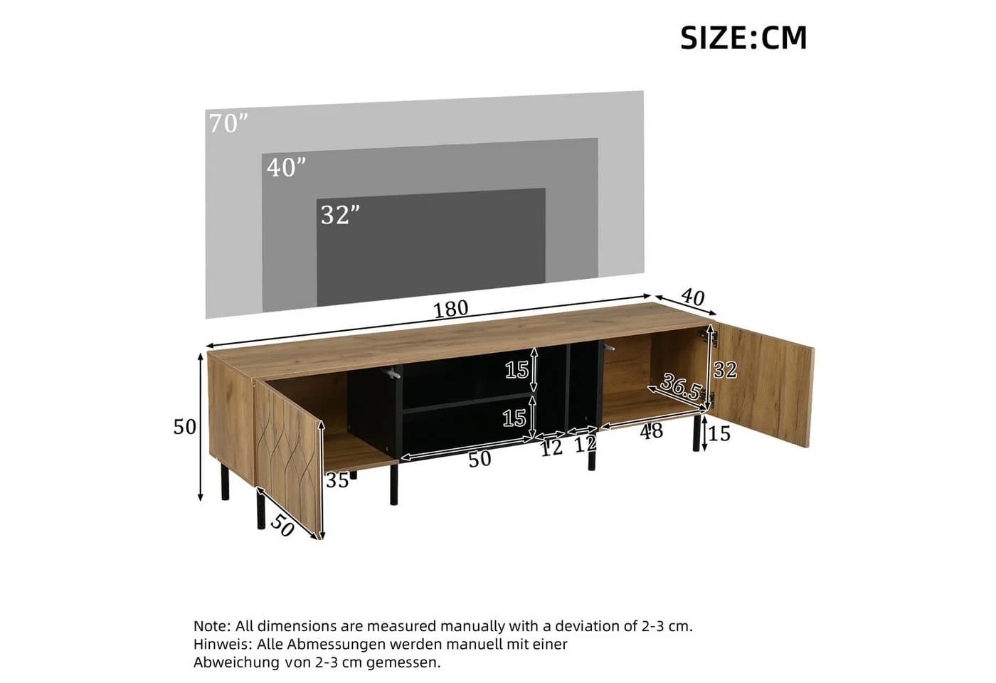 KLAM HOME Lowboard TV-Schrank 180cm Naturholz Schwarz Modern - Bild 3