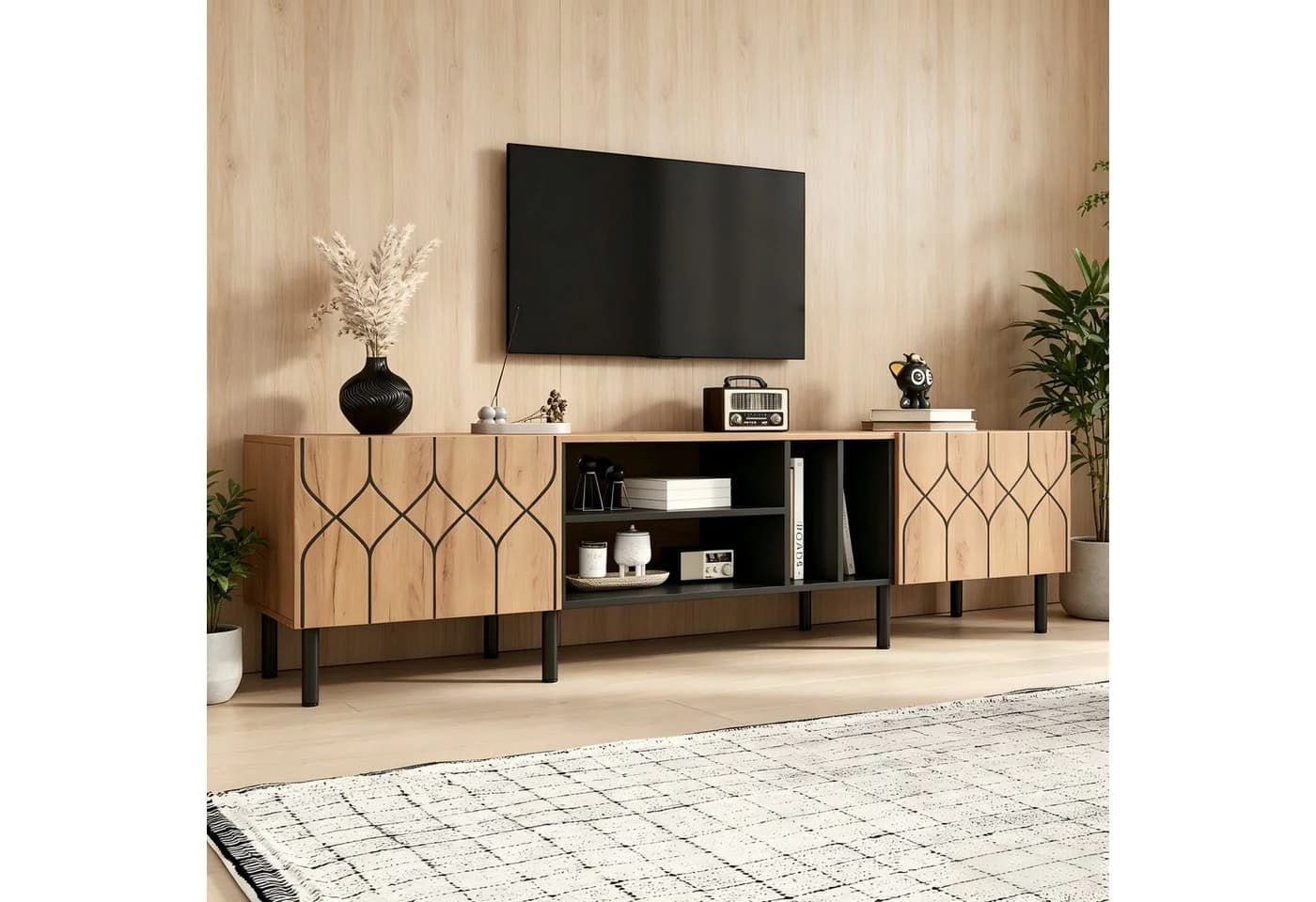 KLAM HOME Lowboard TV-Schrank 180cm Naturholz Schwarz Modern - Bild 4