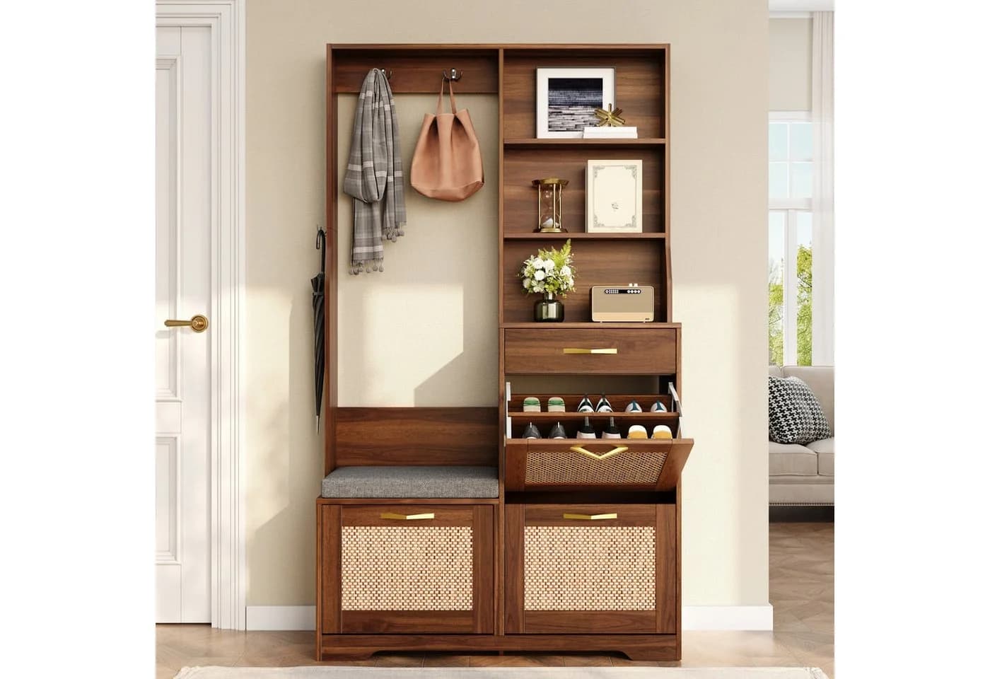 KLAM HOME Garderobe Nussbaum mit Sitzbank & Rattan-Front - Bild 2