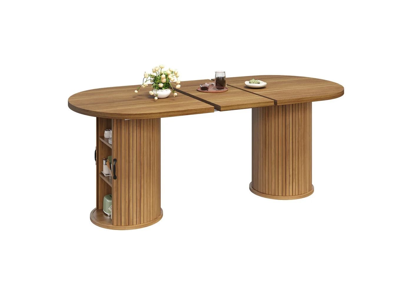 KLAM HOME Ausziehbarer Esstisch mit Staufach, MDF & Metall, Braun/Schwarz