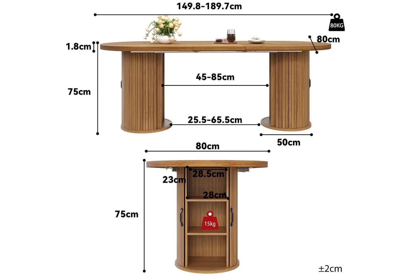 KLAM HOME Ausziehbarer Esstisch mit Staufach, MDF & Metall, Braun/Schwarz - Bild 3