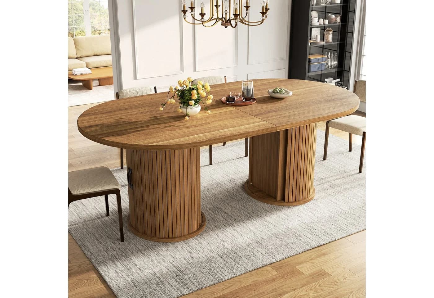 KLAM HOME Ausziehbarer Esstisch mit Staufach, MDF & Metall, Braun/Schwarz - Bild 5