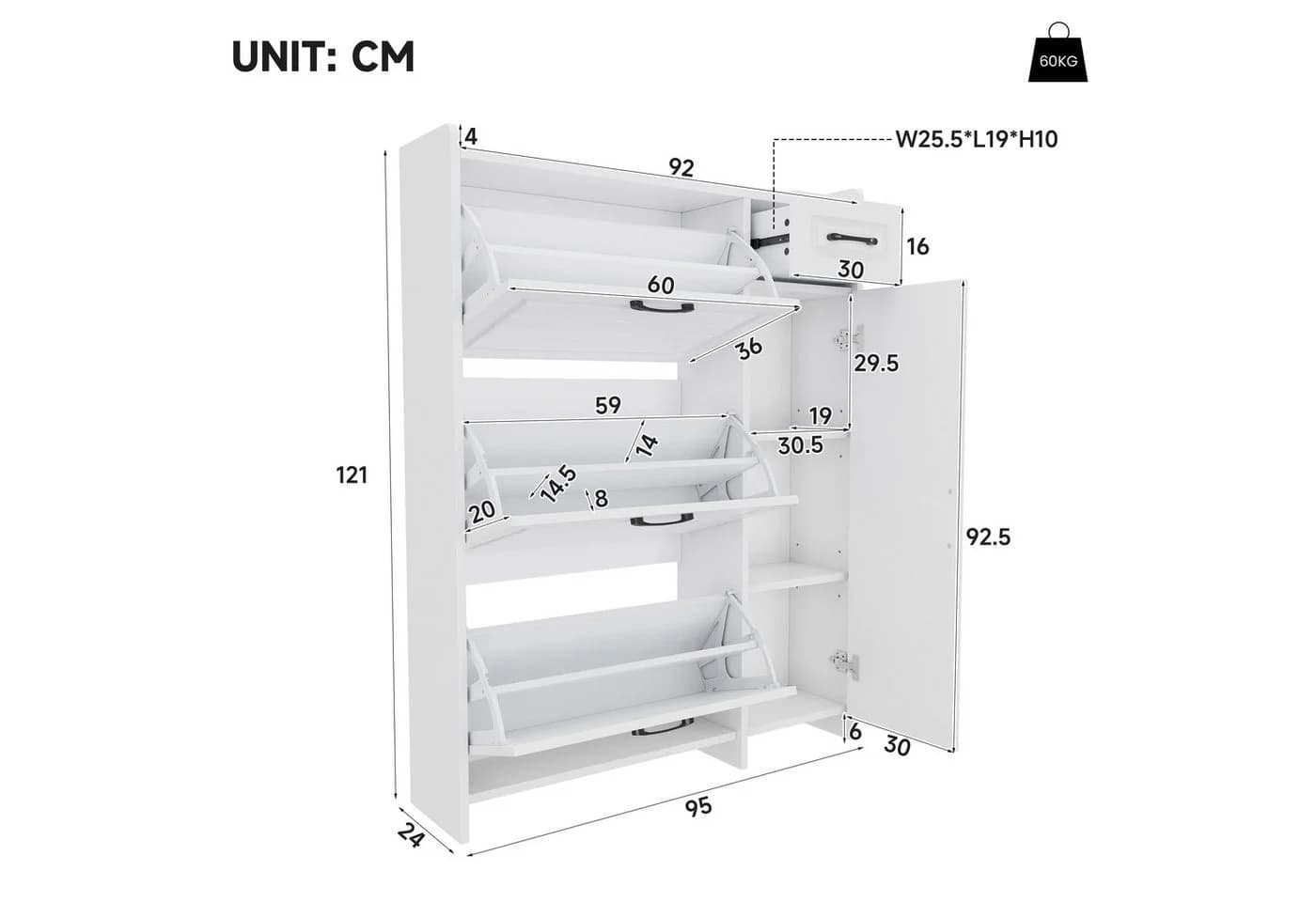 KLAM HOME Schuhschrank Modern Weiß mit verstellbaren Böden - Bild 3