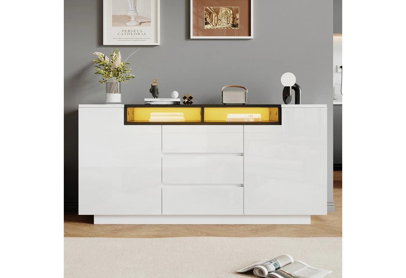 KLAM HOME Sideboard Hochglanz Weiß-Schwarz mit LED-Beleuchtung - Bild 2