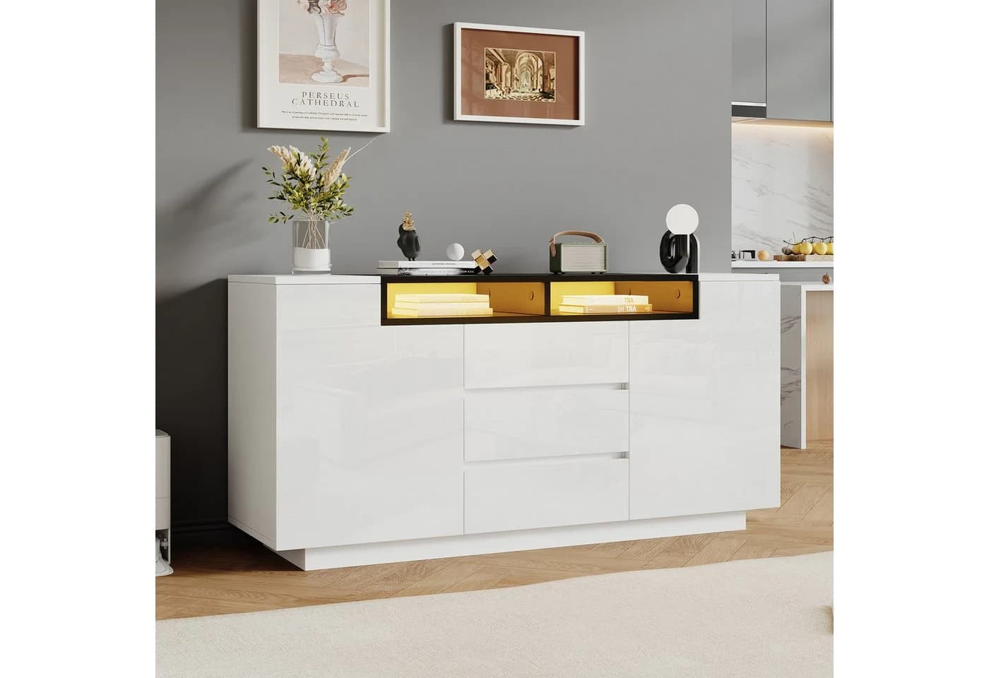 KLAM HOME Sideboard Hochglanz Weiß-Schwarz mit LED-Beleuchtung - Bild 4