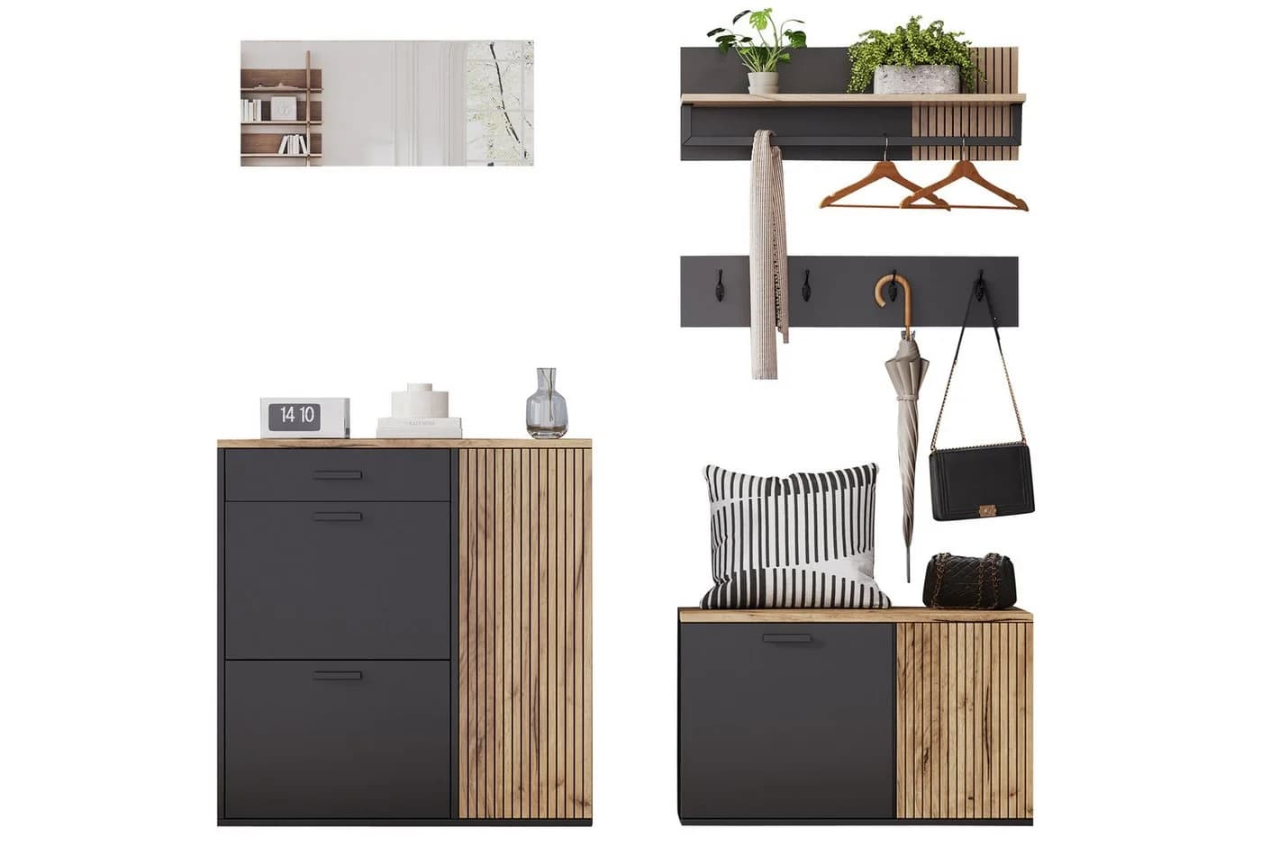 KLAM HOME Garderoben-Set 5-tlg. mit Schuhbank & Spiegel Naturholz/Schwarz