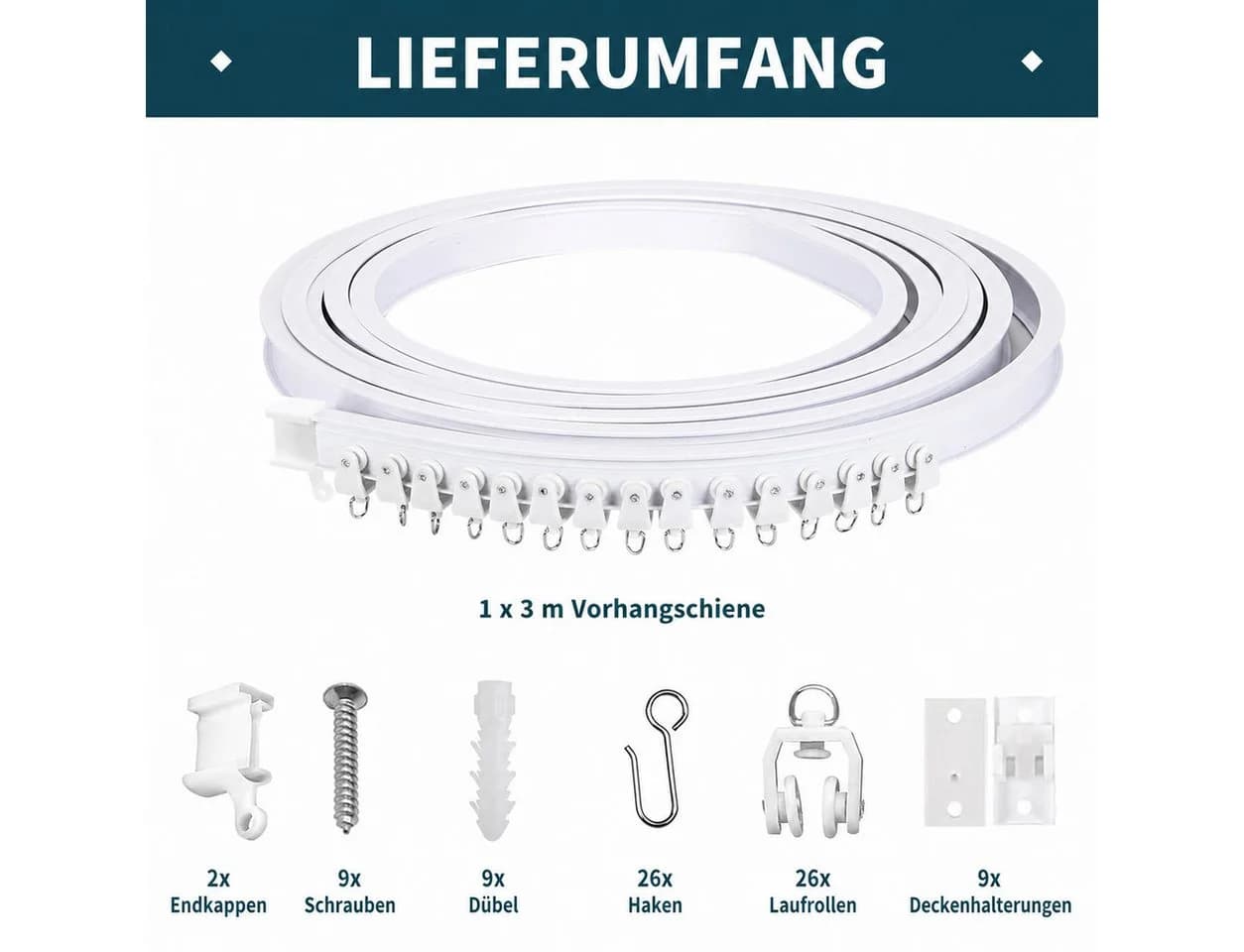 AIMAX Flexible Vorhangschiene 3m Komplettset Weiß