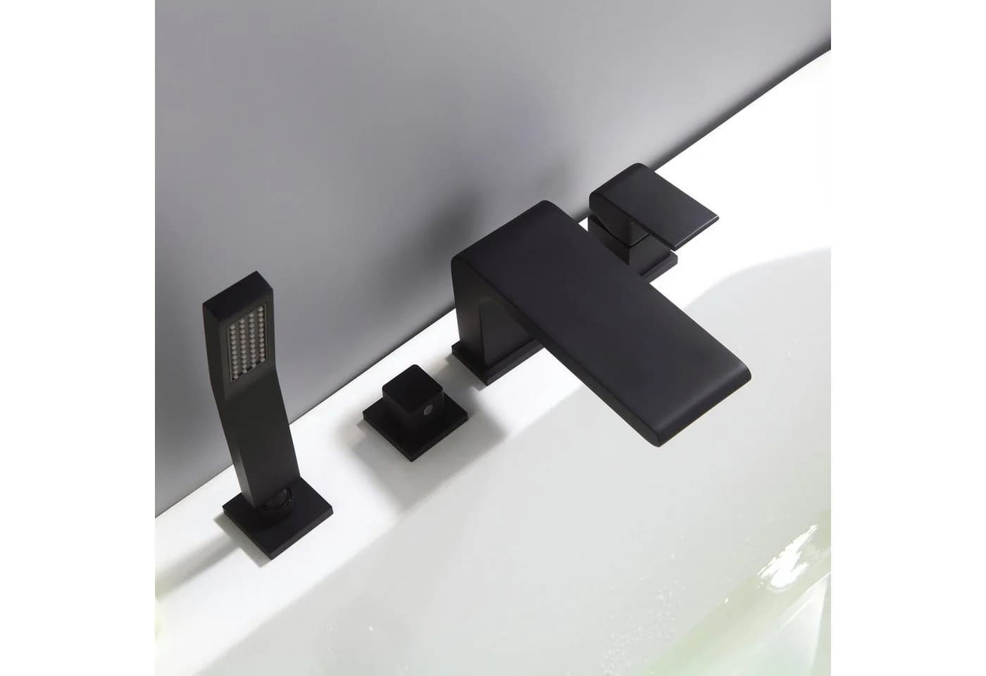 Bernstein Wannenarmatur 6080B Schwarz 4-Loch Wannenrandarmatur Wasserfall inkl. Handbrause