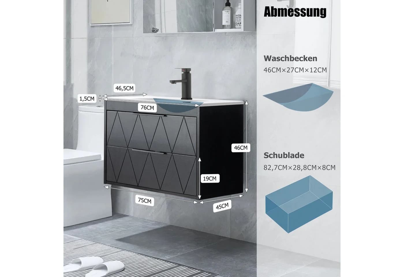 UEV Waschbeckenunterschrank 60cm/75cm/90cm Hängend Soft-close Badmöbel Set - Bild 5