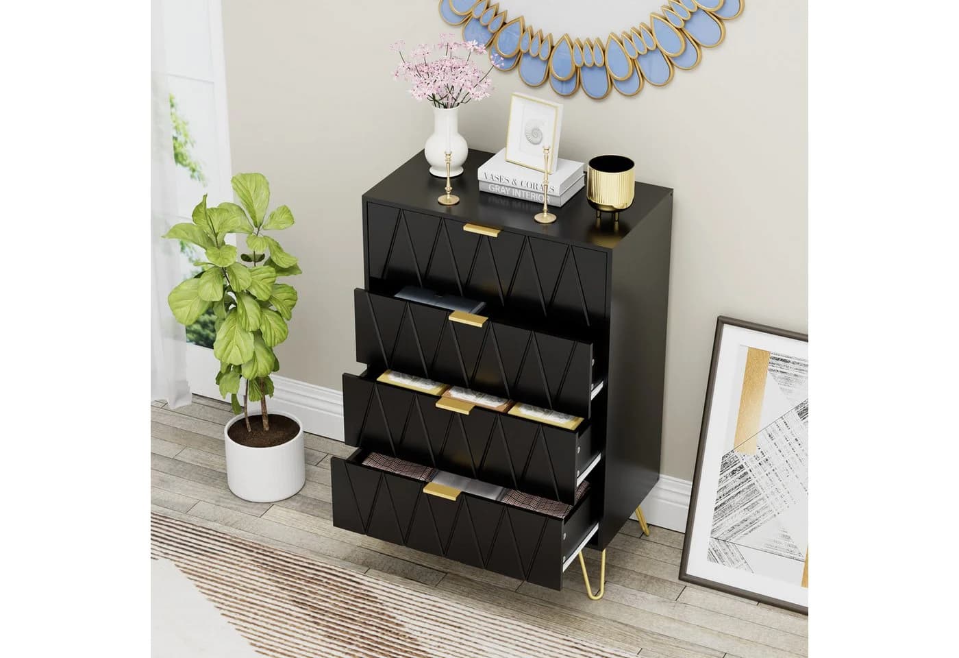 UEV Kommode 4 Schubladen 2er Set Schwarz Weiß Blau Holz Metall 120x34x91 cm - Bild 4