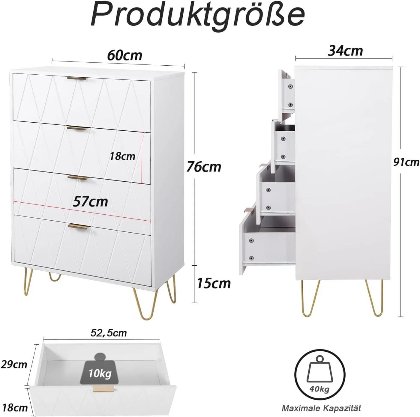UEV Kommode 4 Schubladen 2er Set Weiß Holz Metall 120x34x91 cm - Bild 4