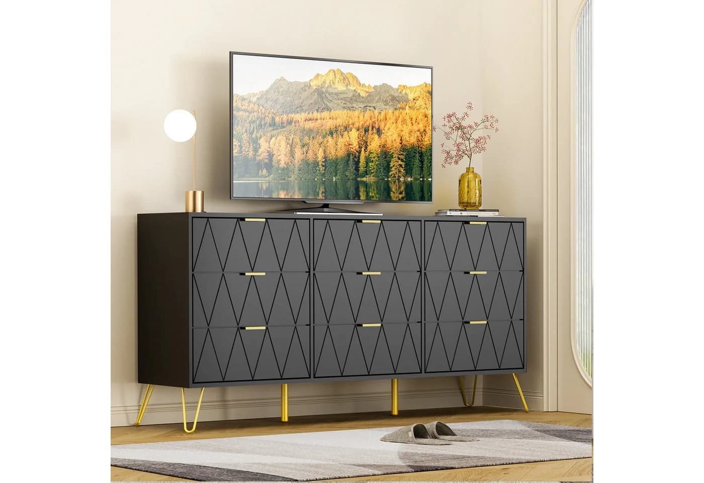 UEV Schlafzimmer-Set 3er-Set Skandinavisch Kommode 9 Schubladen Nachttisch Gold