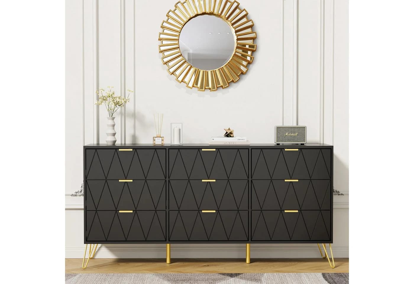 UEV Schlafzimmer-Set 3er-Set Skandinavisch Kommode 9 Schubladen Nachttisch Gold - Bild 3