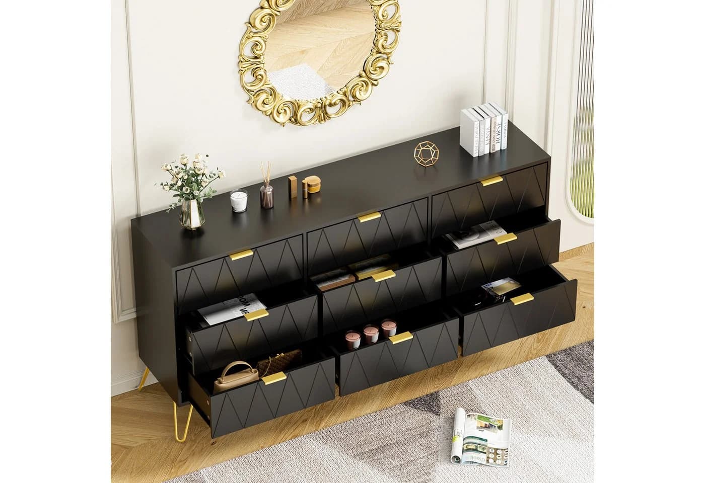 UEV Schlafzimmer-Set 3er-Set Skandinavisch Kommode 9 Schubladen Nachttisch Gold - Bild 4