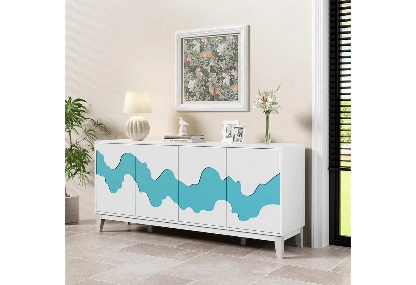 UEV Sideboard mit 4 Türen, Modern Kommode mit Wellenmuster Buffet für Küche