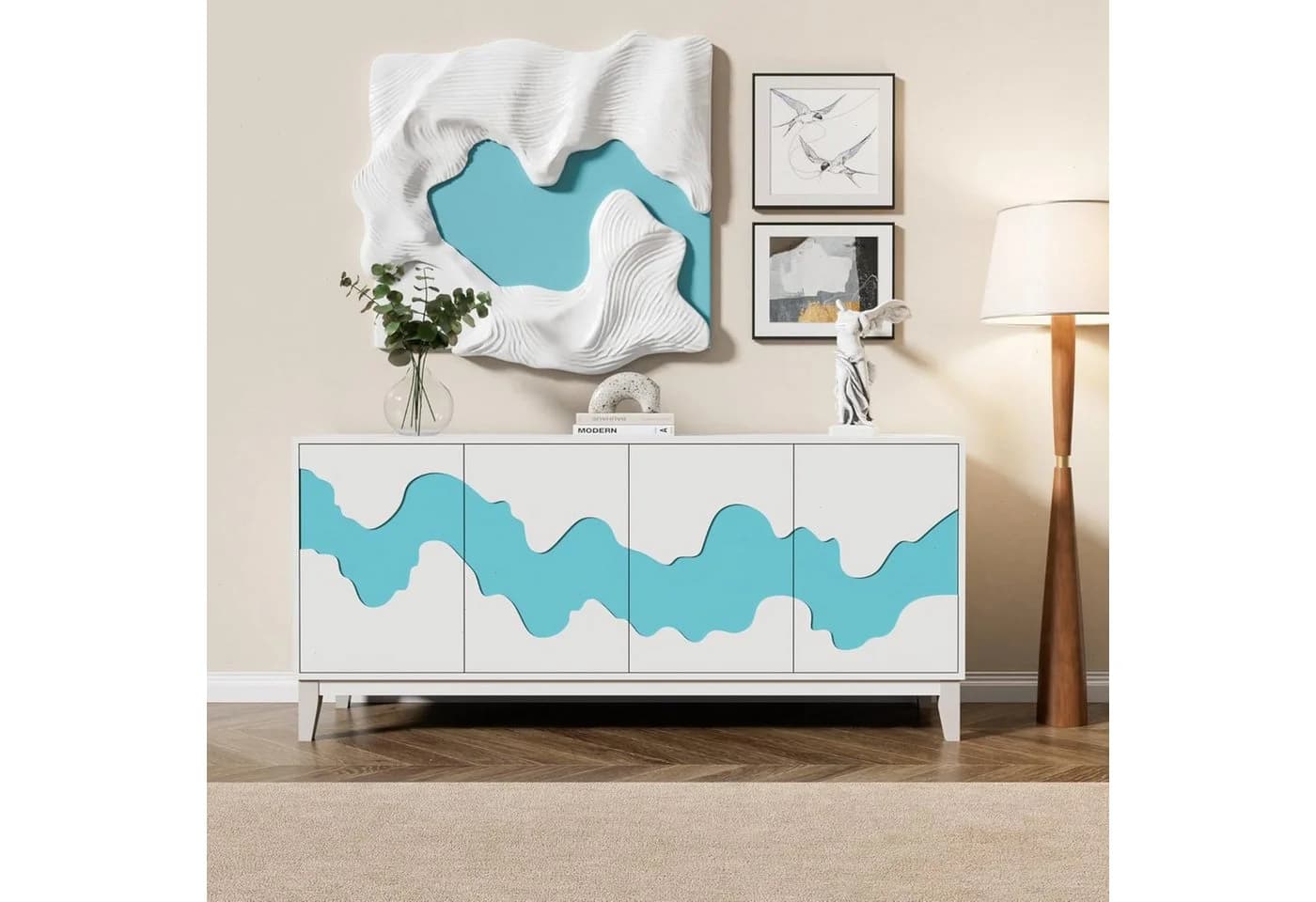 UEV Sideboard mit 4 Türen, Modern Kommode mit Wellenmuster Buffet für Küche - Bild 3