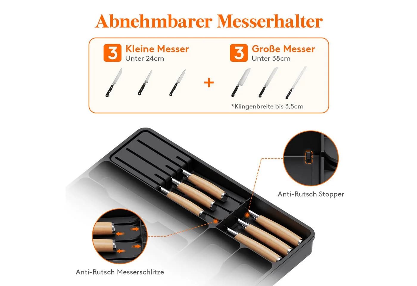Lifewit Besteckeinsatz Erweiterbarer Besteckkasten mit herausnehmbarem Messerblock Schwarz - Bild 4