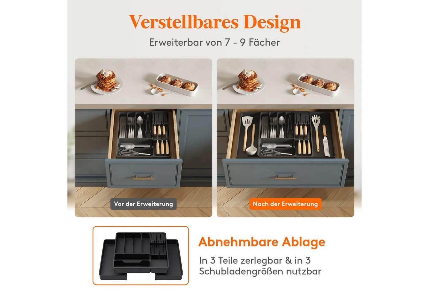 Lifewit Besteckeinsatz Erweiterbarer Besteckkasten mit herausnehmbarem Messerblock Schwarz - Bild 5