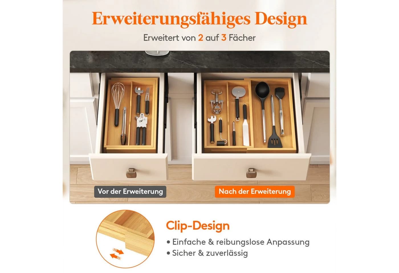Lifewit Besteckeinsatz Erweiterbarer Besteckaufbewahrung 2-3 Fächer Beige - Bild 3